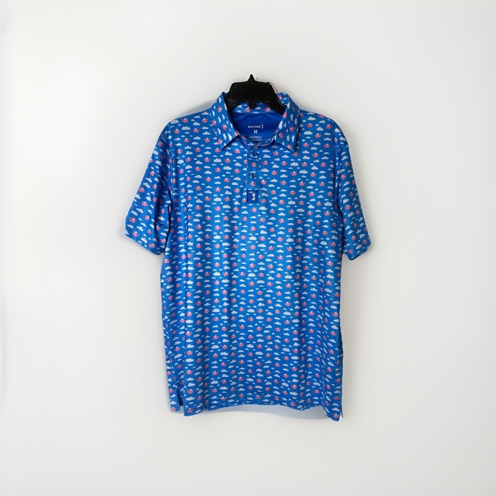 Bogey Bros Golf Polo Shirt Mens Medium Blue Performance Stretch Pigs Fly Pattern